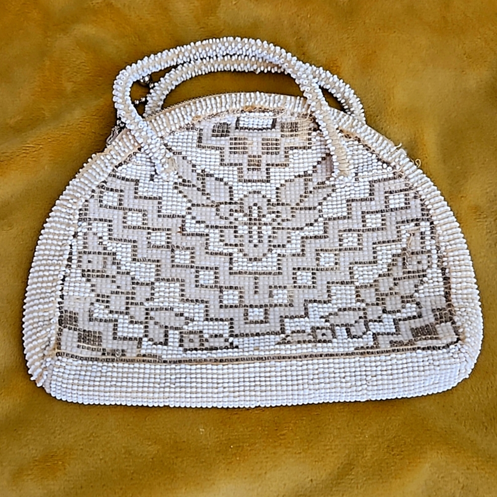 Czeckoslovakia Hand Beaded W/ Sequin Patterned Small Bag with Beaded‎ Handles